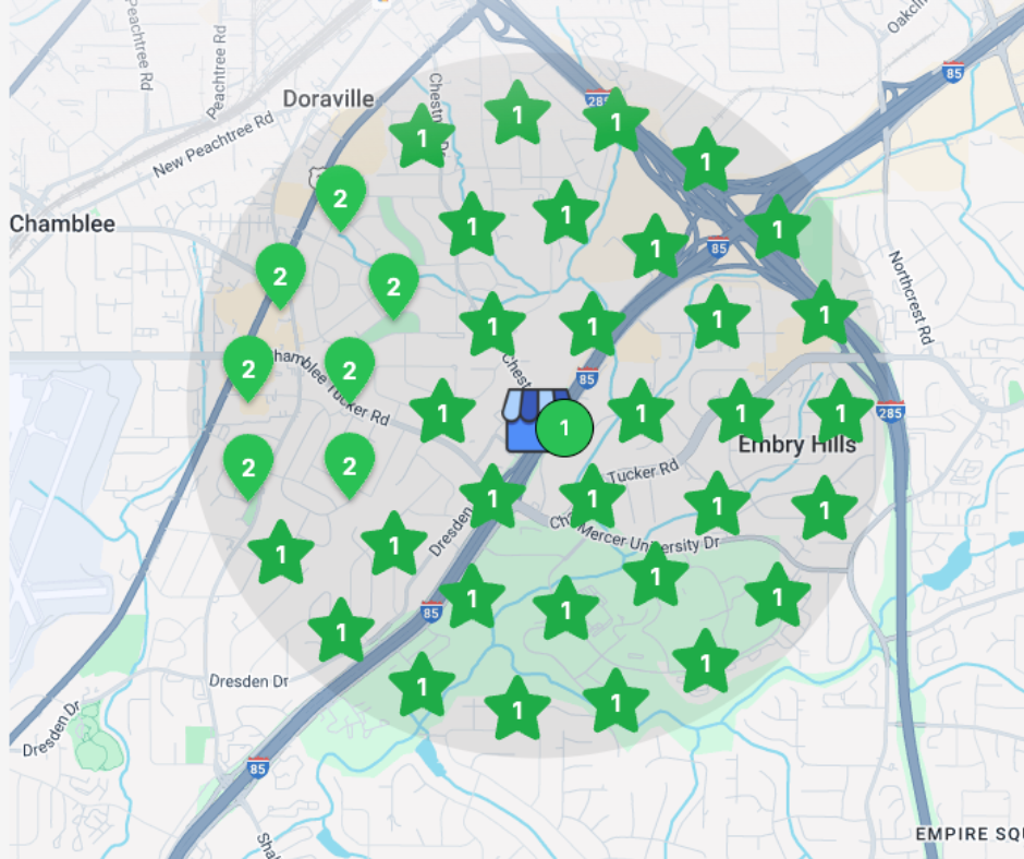 Google Maps showing Local Services Ads coverage with service area pins